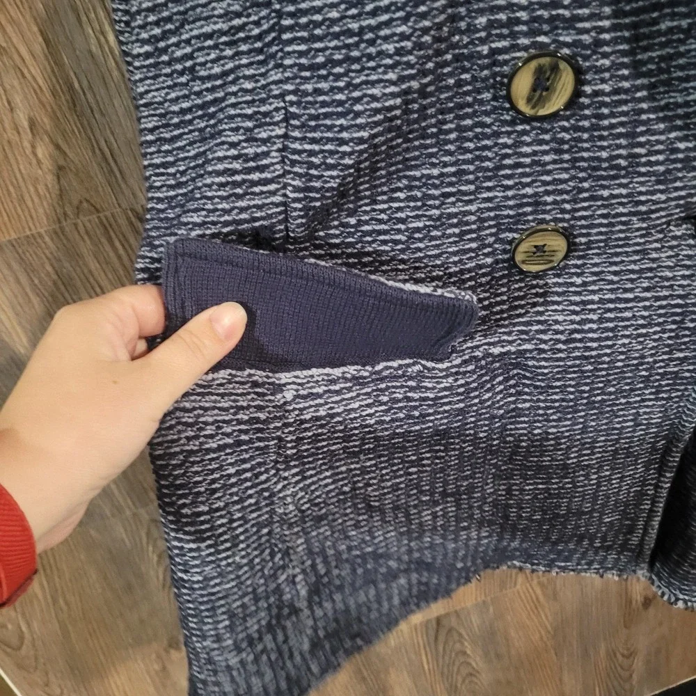 Chico's Double Breasted Jacket Size 3/XL Blue Faux-Tweed Knit Frayed Edge Office